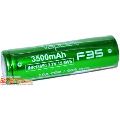 Акумулятор 18650 VapCell F35 3500 mAh Li-Ion INR, 3,7 В, 10А (20А) Green. Без захисту (аналог Sanyo 3500 GA).