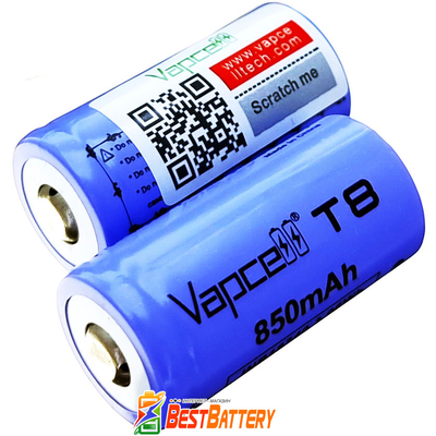 Аккумулятор 16340 / CR123 Vapcell T8 850 mAh 3,7В 3A Li-Ion INR. Без защиты, с выступающим плюсом.