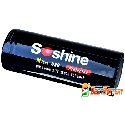 Аккумулятор 26650 USB Soshine 5500 mAh Li-Ion INR 3.7В, 7A. Со встроенным USB зарядным, с защитой. Цена за 1 шт.
