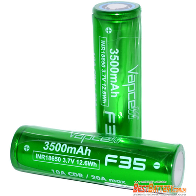 Аккумулятор 18650 VapCell F35 3500 mAh Li-Ion INR, 3,7В, 10А (20А) Green. Без защиты (аналог Sanyo 3500 GA).