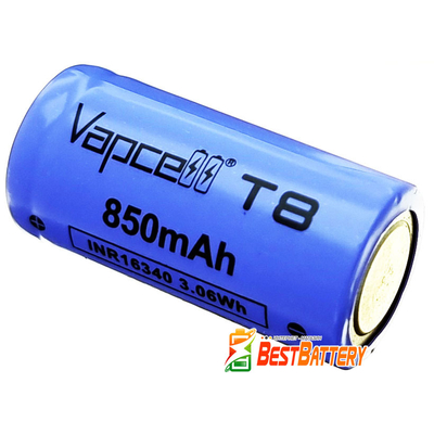 Аккумулятор 16340 / CR123 Vapcell T8 850 mAh 3,7В 3A Li-Ion INR. Без защиты, с выступающим плюсом.