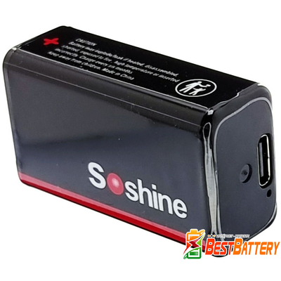 Аккумулятор Крона Soshine 9V 1000 mAh Li-Po со встроенным USB портом для зарядки (Type-C). Постоянное напряжение 9В.