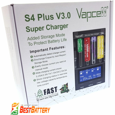 Зарядное устройство Vapcell S4 PLUS V3.0 NEW! Быстрое зарядное для Ni-Mh и Li-Ion, 4 канала, Power Bank. Ток 3А. + Автоадаптер.