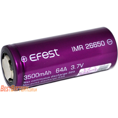 Li-Ion IMR аккумулятор 26650 Efest 64A (32A) 3500 mAh без защиты. Высокотоковый аккумулятор.
