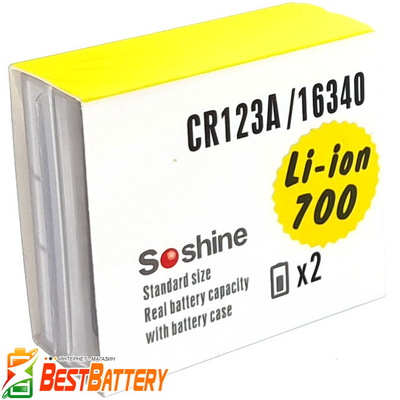 Аккумулятор 16340 / CR123 Soshine 700 mAh 3.7В (4.2В), Li-Ion (ICR). Без защиты, с выступающим плюсом.