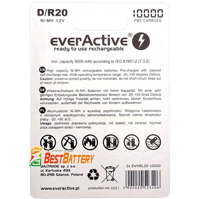 Аккумулятор D (R20 ) EverActive 10 000 mAh RTU, Ni-Mh. Низкий саморазряд. Цена за 1 шт.