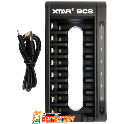 XTar BC8 - універсальний ЗП для АА/ААА Li-Ion 1.5В та Ni-Mh/Ni-Cd 1.2В акумуляторів. 8 каналів, USB-C, QC 3.0, LED.