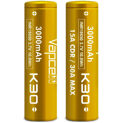Li-Ion высокотоковый аккумулятор VapCell INR 18650 K30 Gold ёмкостью 3000 mAh без защиты. 15A (30A), аналог Samsung 30Q.