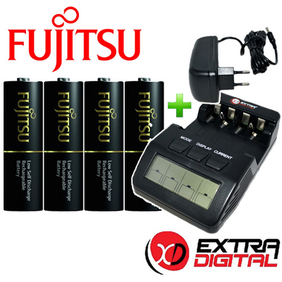 Зарядное устройство Extradigital BM-110 и 4 пальчиковых аккумулятора Fujitsu 2550 mAh в боксе.