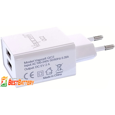Блок живлення USB Vapcell QC2 на 2 виходи USB, 2A. Для зарядних пристроїв Liitokala, Nitecore, X-Tar та ін.