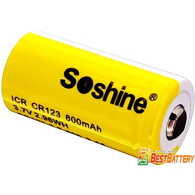 Акумулятор 16340/CR 123 Soshine 800 mAh 3.7В, 2.4A, Li-Ion (ICR). Без захисту, із виступаючим плюсом (CR123-3.7-800).