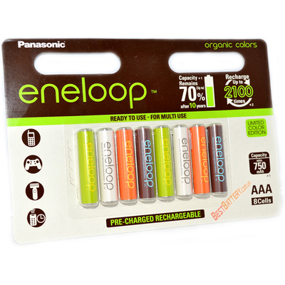 AАА аккумуляторы Panasonic Eneloop Organic Colors 800 mAh - новинка 2015 г. (8 аккумуляторов в блистере).