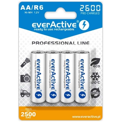 Пальчиковые аккумуляторы EverActive 2600 mAh АА с низким саморазрядом. Проф. серия. Цена за уп. 4 шт.