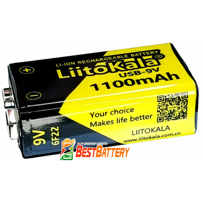 Акумулятор USB Крона Liitokala 9V 1100 mAh Li-ion USB-9V. Вбудоване зарядне USB (Type-C). Постійна напруга 9В.