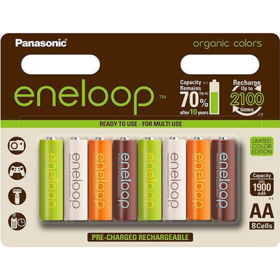 АА аккумуляторы Panasonic Eneloop Organic Colors 2000 mAh - новинка 2015 г. (8 аккумуляторов в блистере).