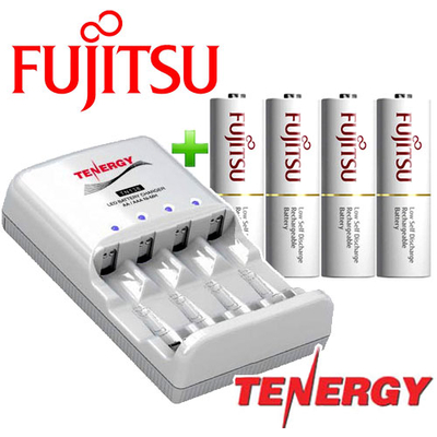 Зарядний пристрій Tenergy TN138 і 4 пальчикові акумулятори Fujitsu 2000 mAh (HR-3UTC) в боксі.