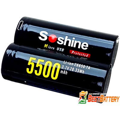 Аккумулятор 26650 USB Soshine 5500 mAh Li-Ion INR 3.7В, 7A. Со встроенным USB зарядным, с защитой. Цена за 1 шт.
