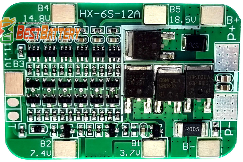 Контроллер BMS 6S 15A 25В HX-6S-12A обеспечивает защиту Li-Ion аккумуляторов 18650.