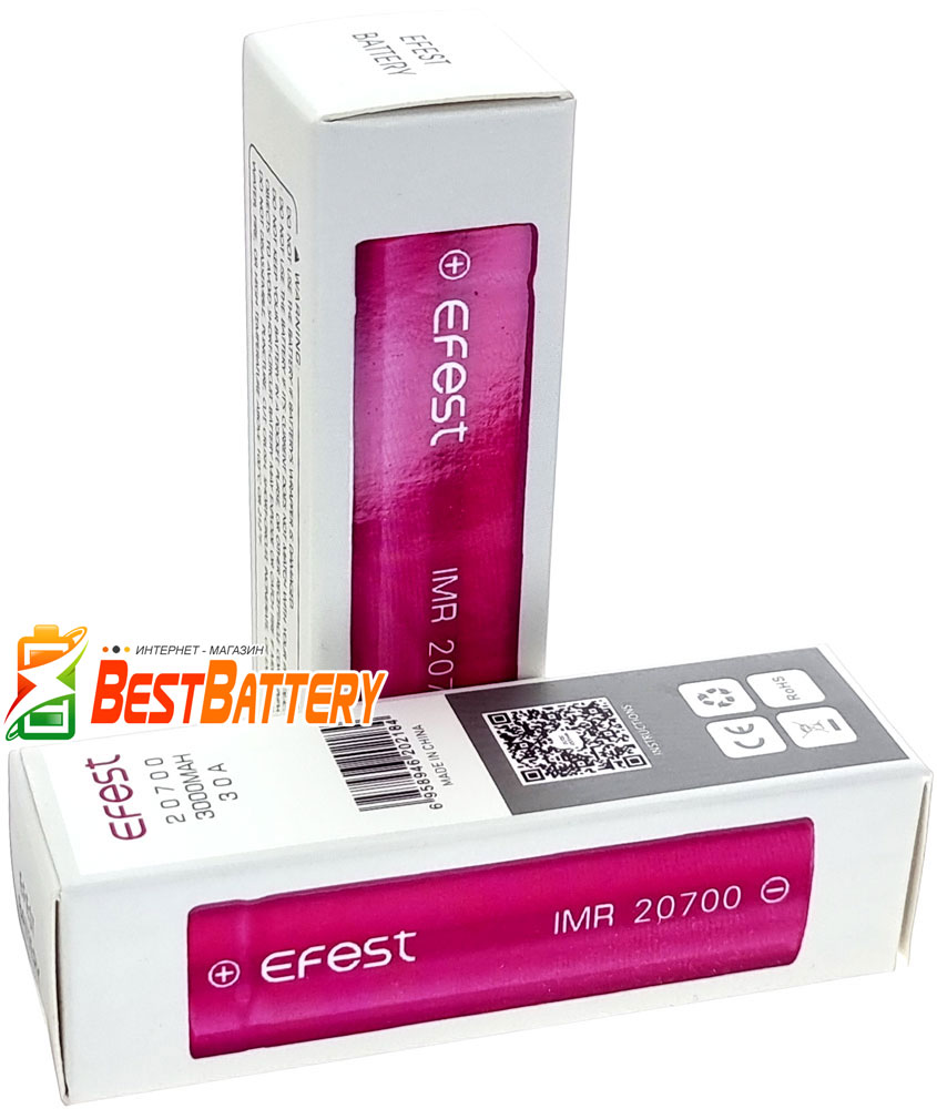 Аккумуляторы 20700 Efest 3,7В Li-Ion 3000 mAh без защиты в картонных боксах.