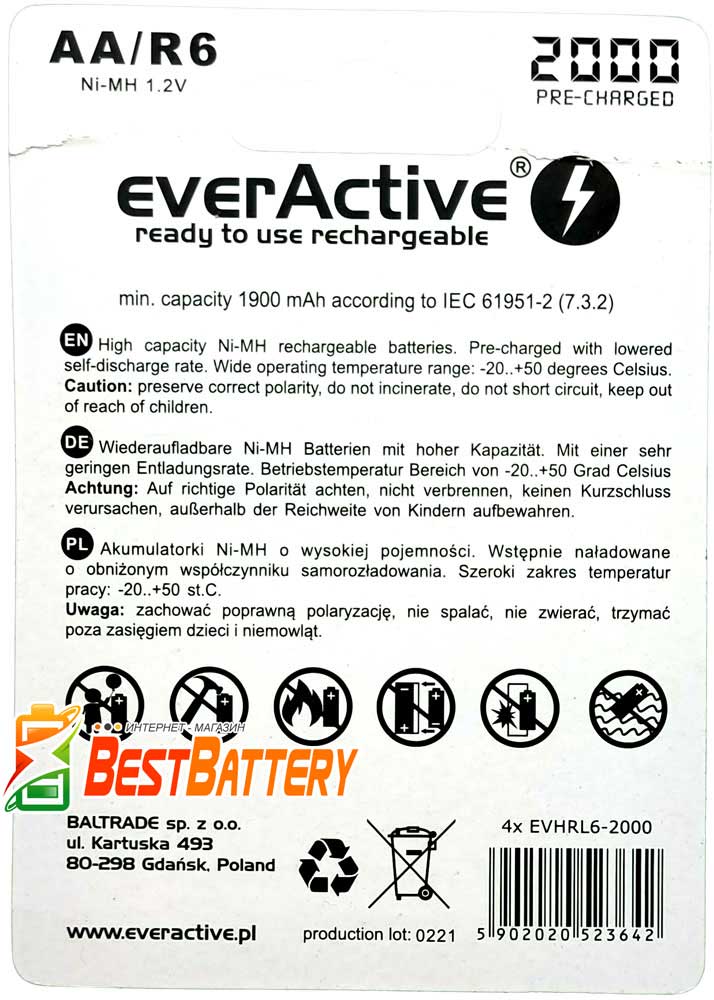АА аккумуляторы Ever Active 2000 mAh техническая характеристика.