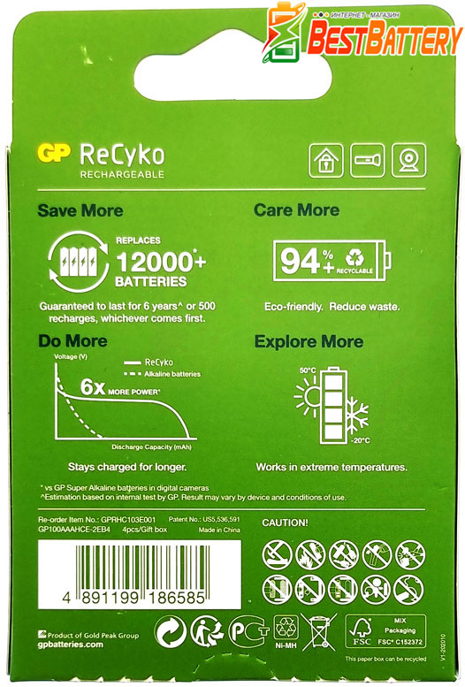 Техническая характеристика аккумуляторов GP ReCyko AAA 950 mAh.