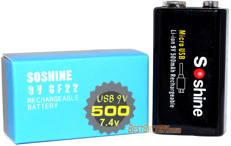 Упаковка аккумуляторов Крона Soshine 500 mAh USB Li-ion.