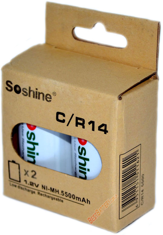 Аккумуляторы Soshine RTU C (R14) 5500 mAh в упаковке.