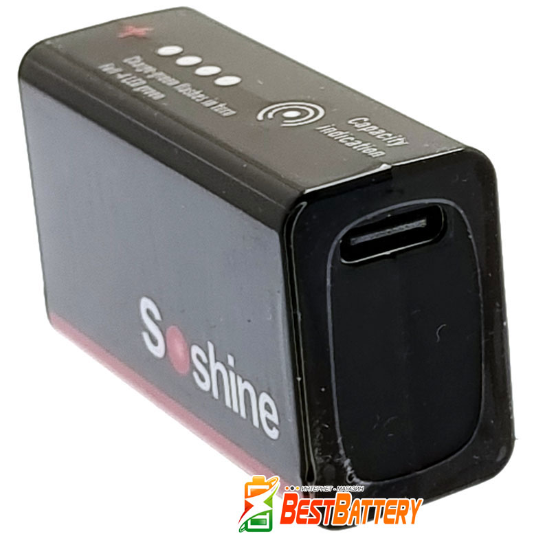 Крона Soshine 9V 500 mAh USB Type-C встроенное зарядное устройство с USB Type-C выходом.