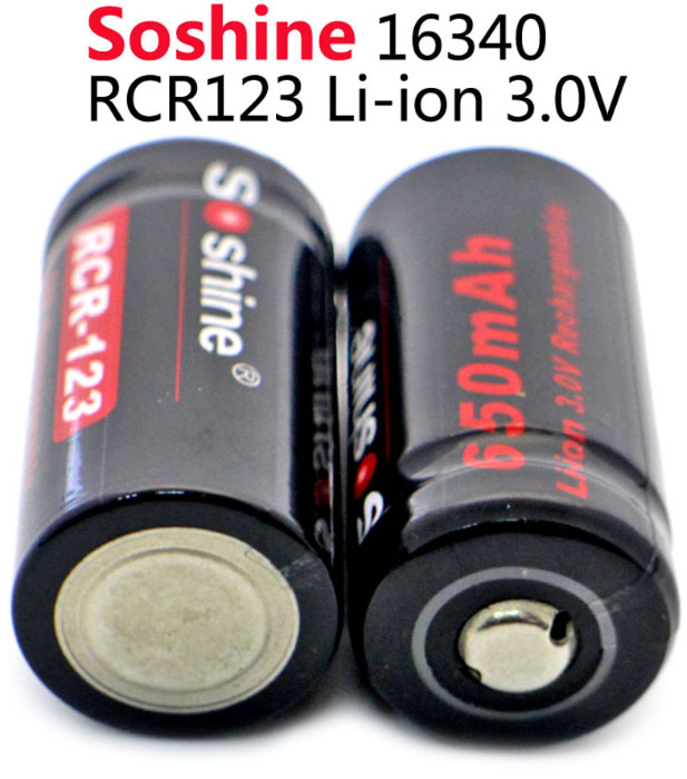 Li-Ion аккумулятор на 3 вольта Soshine 650 mAh 16340 (RCR-123).