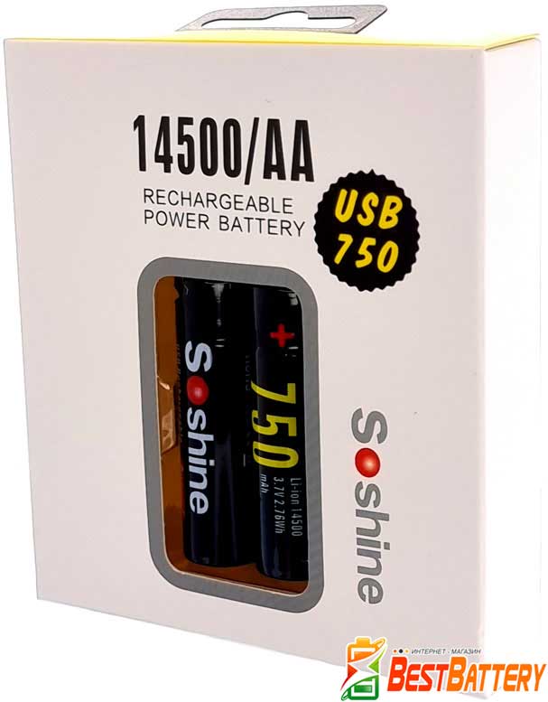 Soshine USB 14500 (AA) 750mAh 3.7V Protected вариант упаковки.