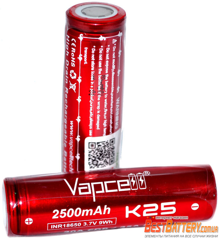 Аккумуляторы Vapcell INR 18650 K25 2500 mAh 20A (35А) Red.