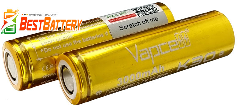 VapCell INR 18650 K30 3000 mAh - высокотоковый Li-ion аккумулятор без защиты на 15А.