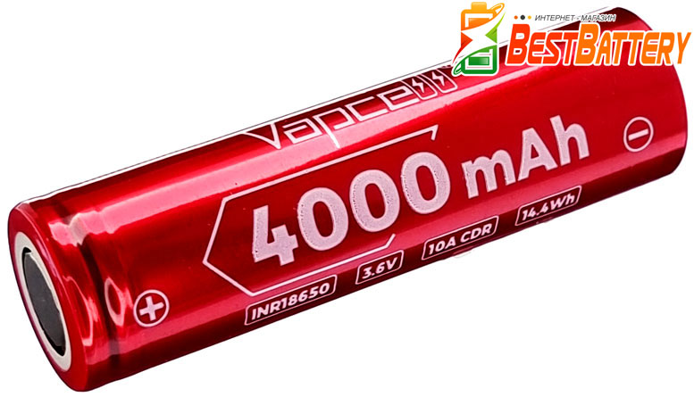 Аккумулятор 18650 VapCell N40 4000 mAh Li-Ion INR, 3.7В, 10A, Red. Без защиты. MAX ёмкость!