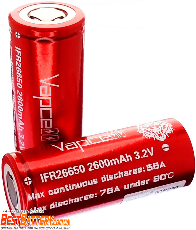 Аккумулятор LiFePO4 26650 IFR Vapcell 2600 mAh без защиты, 3.2В. Высокотоковый - 55A (75A).