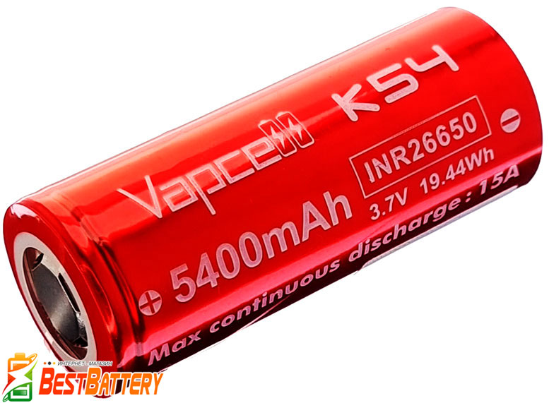 Аккумулятор INR 26650 Vapcell K54 5400 mAh без защиты, Li-Ion, 3.7В. 15A.