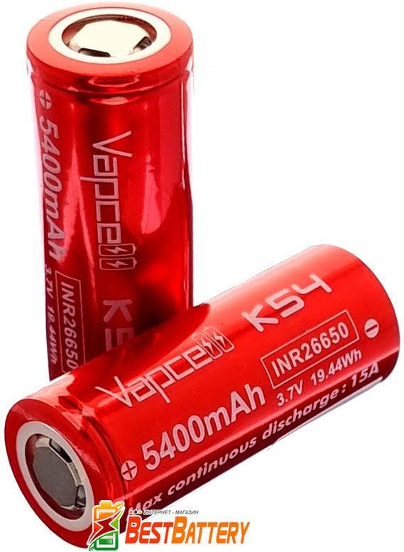 Vapcell 26650 K54 5400 mAh - высокотоковый Li-Ion INR аккумулятор формата 26650 без платы защиты.