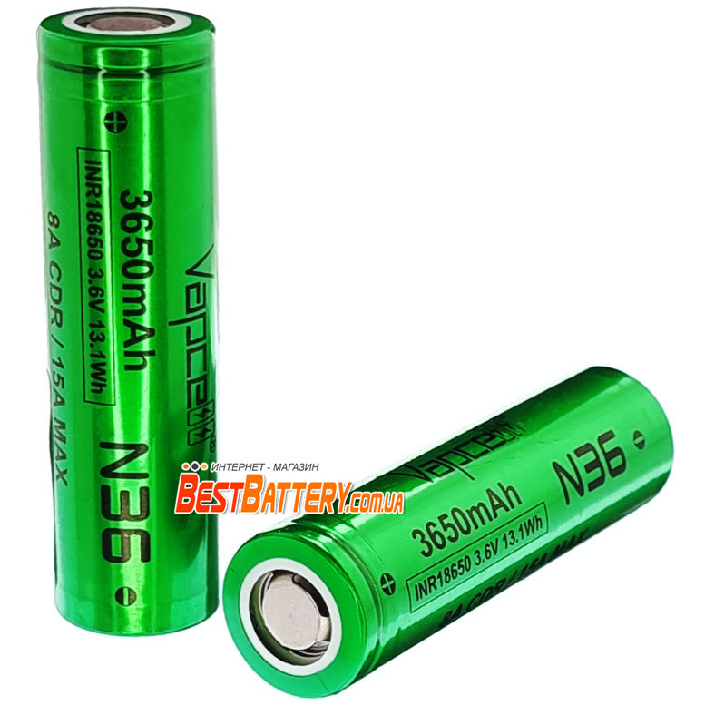 Аккумулятор 18650 VapCell N36 3650 mAh Li-Ion INR, 3.7В, 8А (15A), Green.