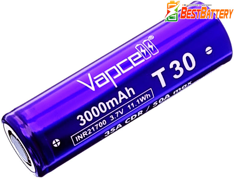 Аккумулятор 21700 Vapcell T30 3000 mAh, Li-Ion INR, 3.7В (4.2В). Высокотоковый 35A (50А), без защиты.