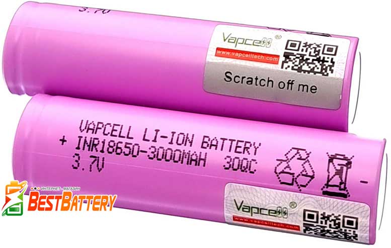 Аккумулятор 18650 VapCell 30QC 3000 mAh Li-Ion INR, 3.7В, 15А (30A). Высокотоковый (аналог Samsung 30Q).