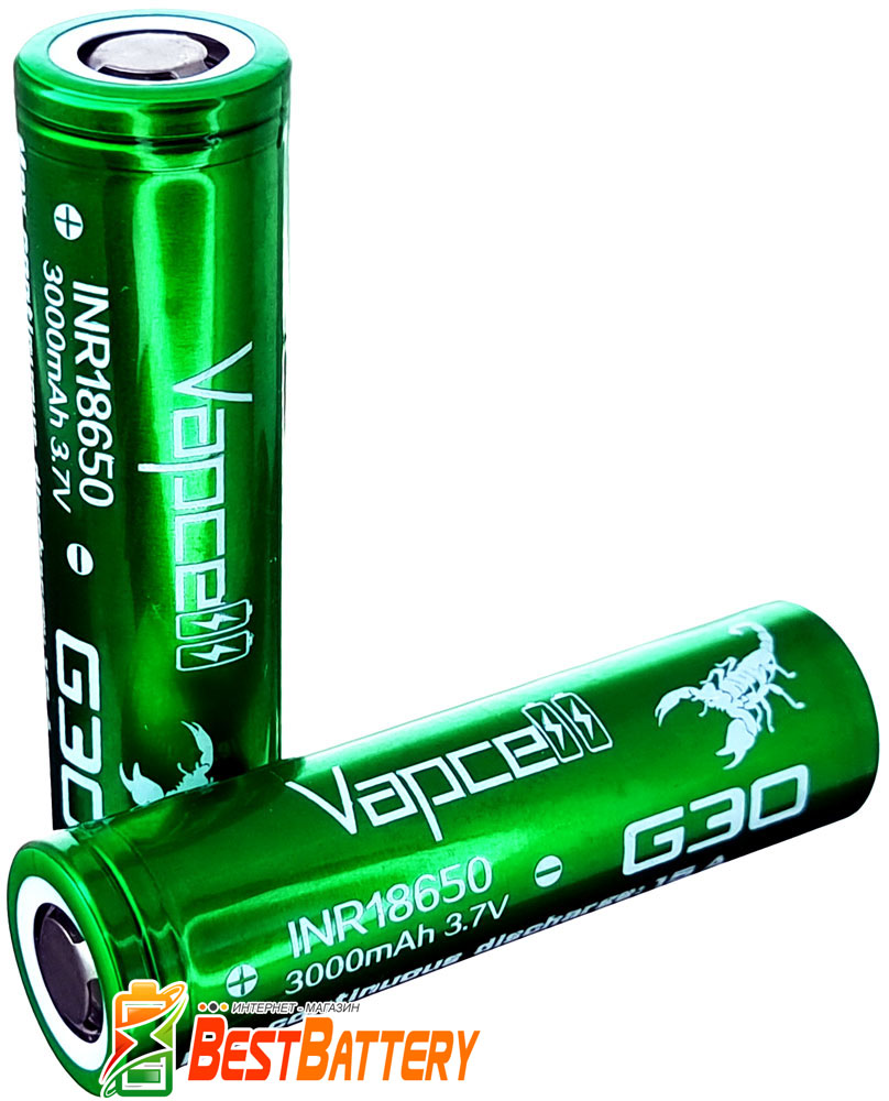 Аккумулятор 18650 VapCell G30 3000 mAh Li-Ion INR, 3.7В, 15А (35A), Green.