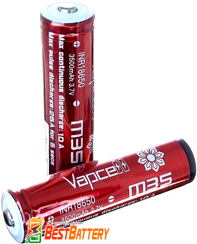 Аккумулятор 18650 VapCell M35 3500 mAh Li-Ion INR, 3.7В, 10А (25A), Red. C защитой.