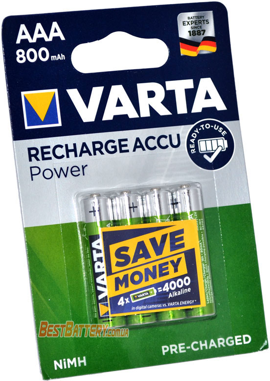 инипальчиковые аккумуляторы VARTA 800 mAh Recharge Accu Power в блистере.