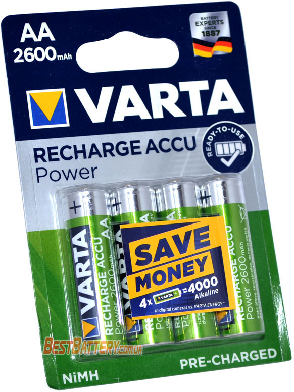 Пальчиковые аккумуляторы AA VARTA Recharge Accu Power 2600 mAh в блистере.