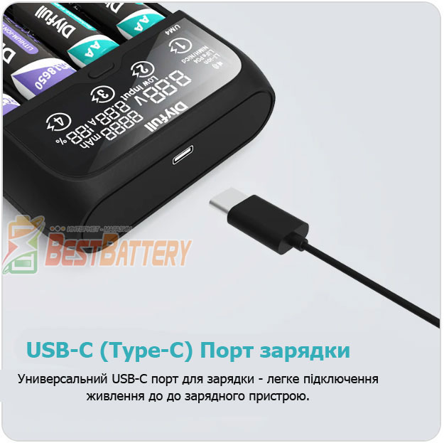 Питание универсального зарядного устройства DLY Full UM4 производится через разъем USB Type-C.