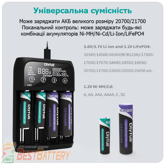 Зарядное устройство DLY Full UM4 работает с различными типами и форматами аккумуляторов.