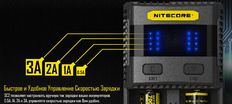 Выбор тока заряда в Nitecore SC2.