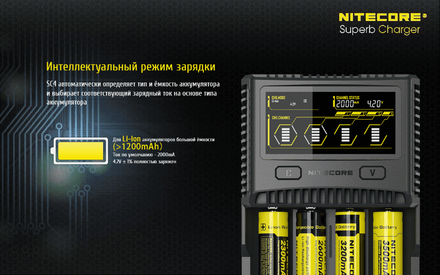Автоматический выбор тока заряда в Nitecore SC4.