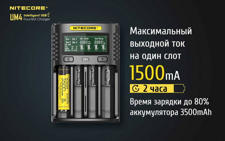 Максимальный ток заряда в Nitecore UM4 составляет 1.5 Ампера на каждый канал.