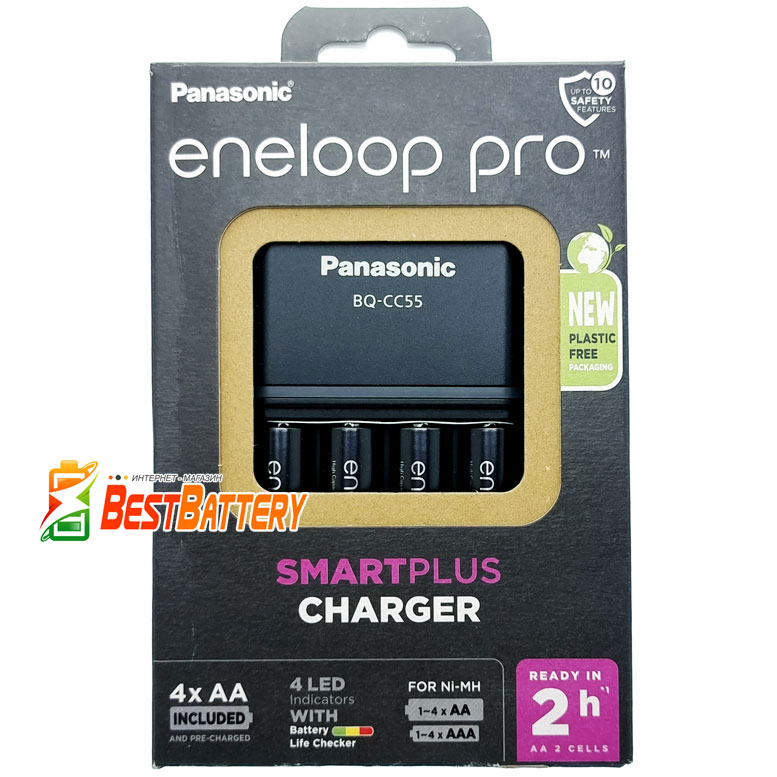 Зарядное устройство Panasonic BQ-CC55 Eco Box + 4 аккумулятора Panasonic Eneloop Pro 4-го поколения на 2600 mAh (min 2500 mAh).