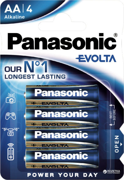 Щелочные пальчиковые батарейки Panasonic Evolta AA (LR6), 1.5В